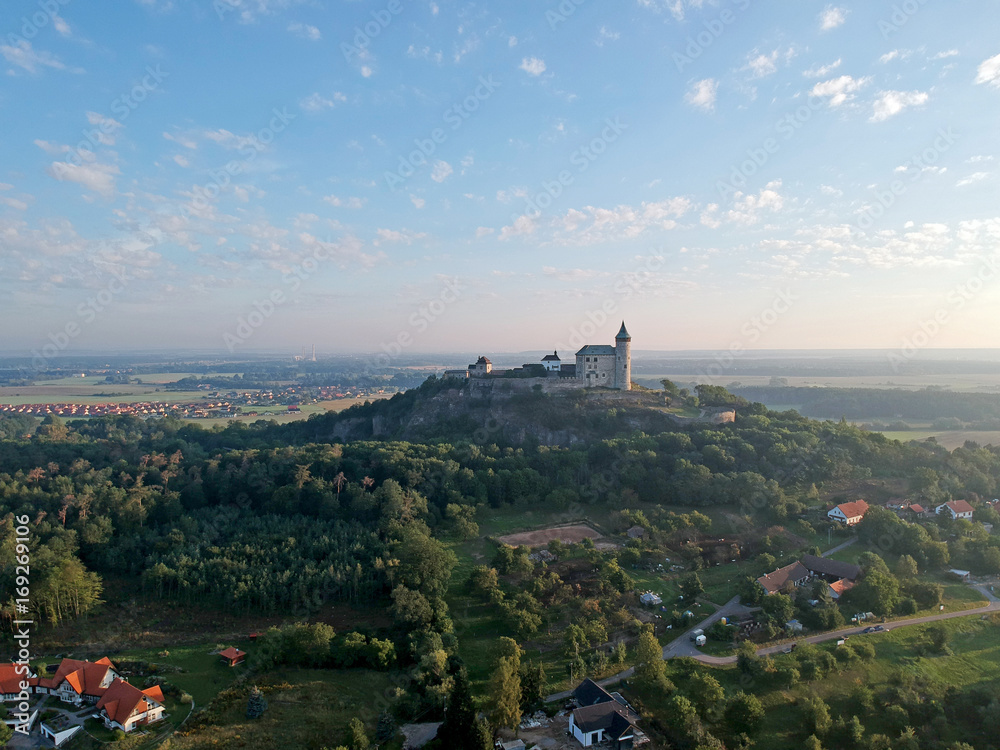 Medieval Kunětická hora castle and landscape view from airplane near city of Pardubice in Central Europe - Czechia 