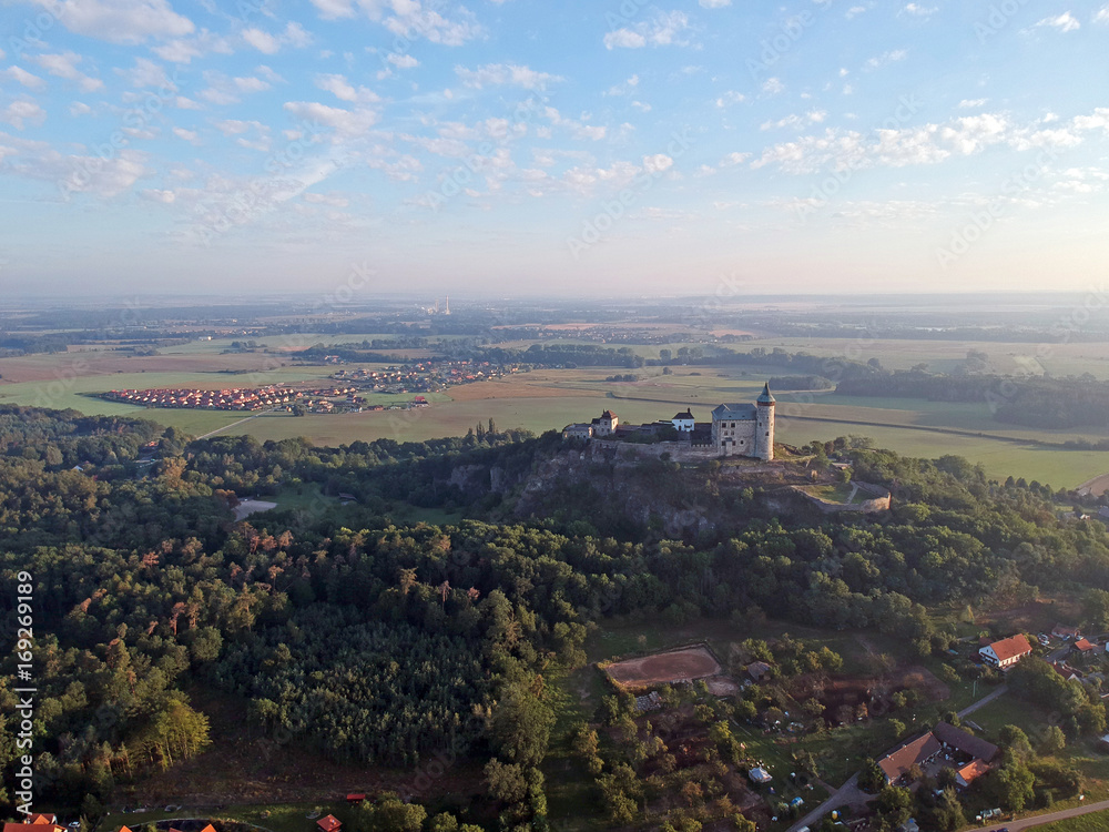Medieval Kunětická hora castle and landscape view from airplane near city of Pardubice in Central Europe - Czechia 