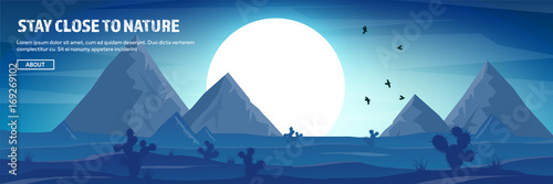 Desert trip header. Extreme tourism and travelling. Back to nature. Sands.Exploring Africa. Horizont line with sky,stars. Mountaines, flying birds.