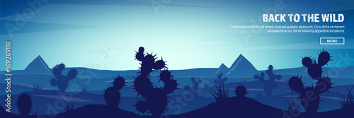 Desert trip header. Extreme tourism and travelling. Back to nature. Sands.Exploring Africa. Horizont line with sky,stars. Mountaines, flying birds.