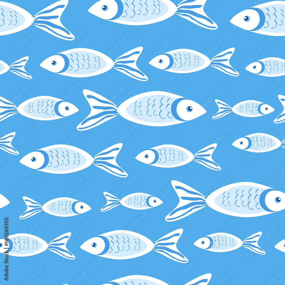 Marine seamless vector pattern cartoon cute swimming fish colorful illustration isolated on blue background, summer decorative texture, design for wallpaper, sea backdrop, textile, wrapping paper
