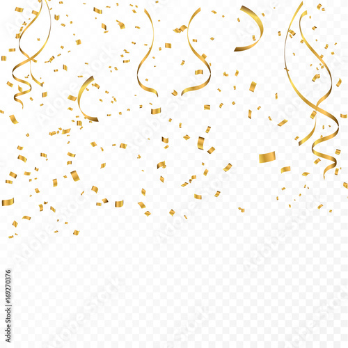 Celebration background template with confetti and gold ribbons.