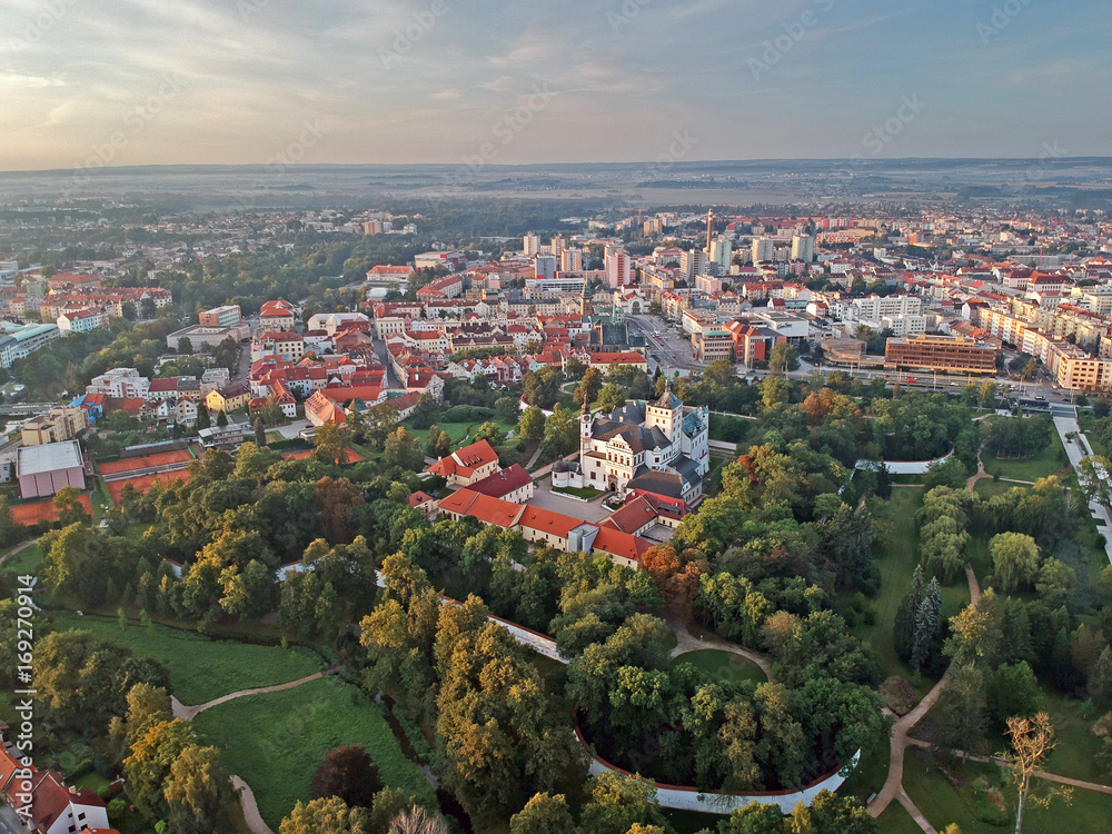 Centre of city of Pardubice and Castle Pardubice from airplane