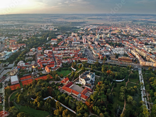 Centre of city of Pardubice and Castle Pardubice from airplane photo