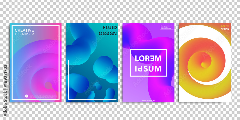 Vector set of realistic isolated brochures with geometric gradient fluid liquid shapes for decoration and covering on the transparent background.