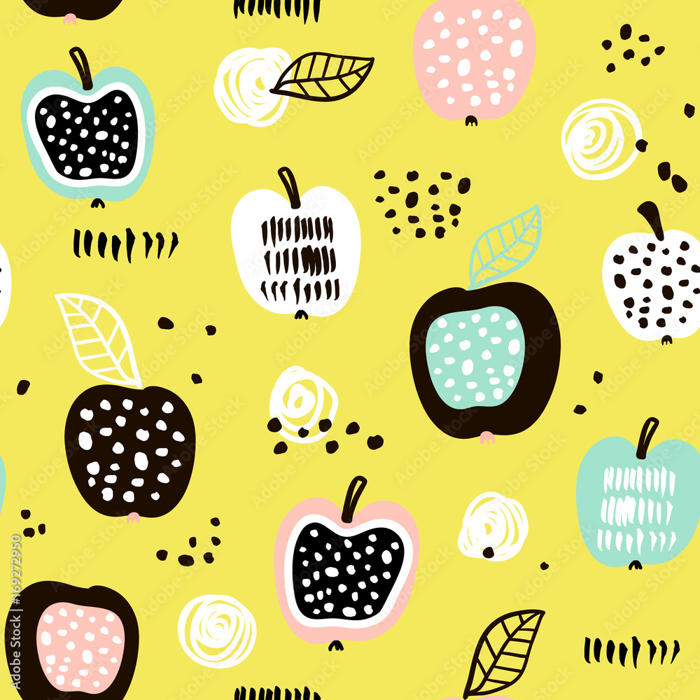 Seamless pattern with creative modern fruits. Hand drawn trendy background. Great for fabric and textile. Vector Illustration