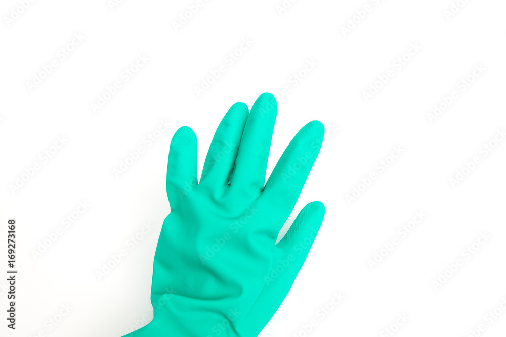 Left hand in green Chemical Rubber Glove for cleaning on white background Left hand in green Chemical Rubber Glove for cleaning on white background