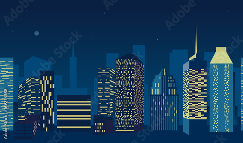 blue city scape with silhouette of tall skyscrapers buildings in seamless pattern design
