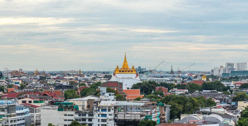 Golden Mount Temple Fair, Golden Mount Temple (Wat Sraket) with Wat Phra Kaew behind the left of the image in Bangkok, Thailand