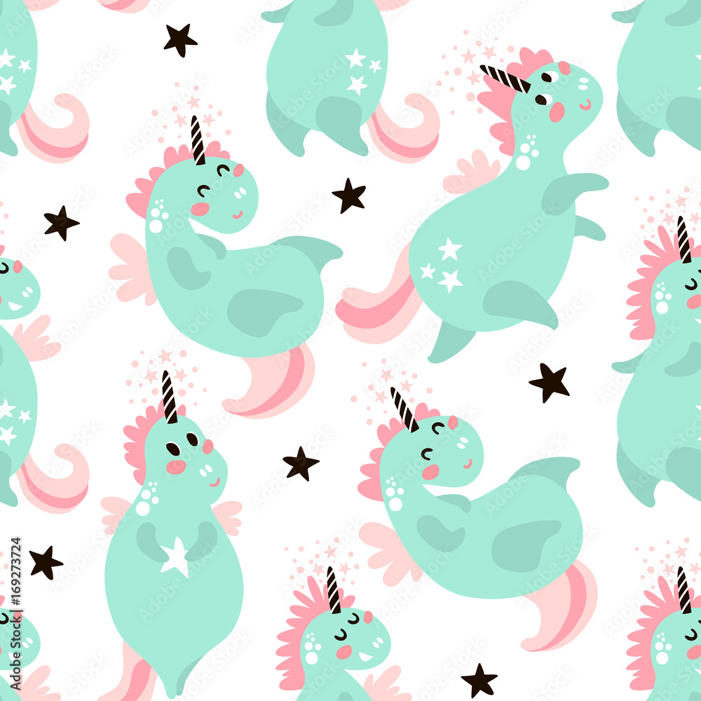 Cute seamless pattern with fairy mint unicorns. Childish texture for fabric, textile. Scandinavian style. Vector Illustration