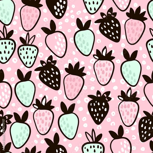 Tapety Wzór z ręcznie rysowane truskawki. Ładny różowy dziecinne tło. Ilustracja wektorowa