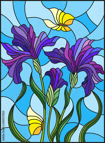 Fototapeta Naklejka Na Ścianę i Meble -  Illustration in stained glass style with a bouquet of purple irises and yellow butterflies on a blue background