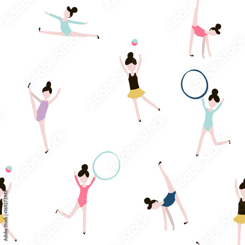 Seamless pattern with gymnastic girls. Modern style flat vector background.