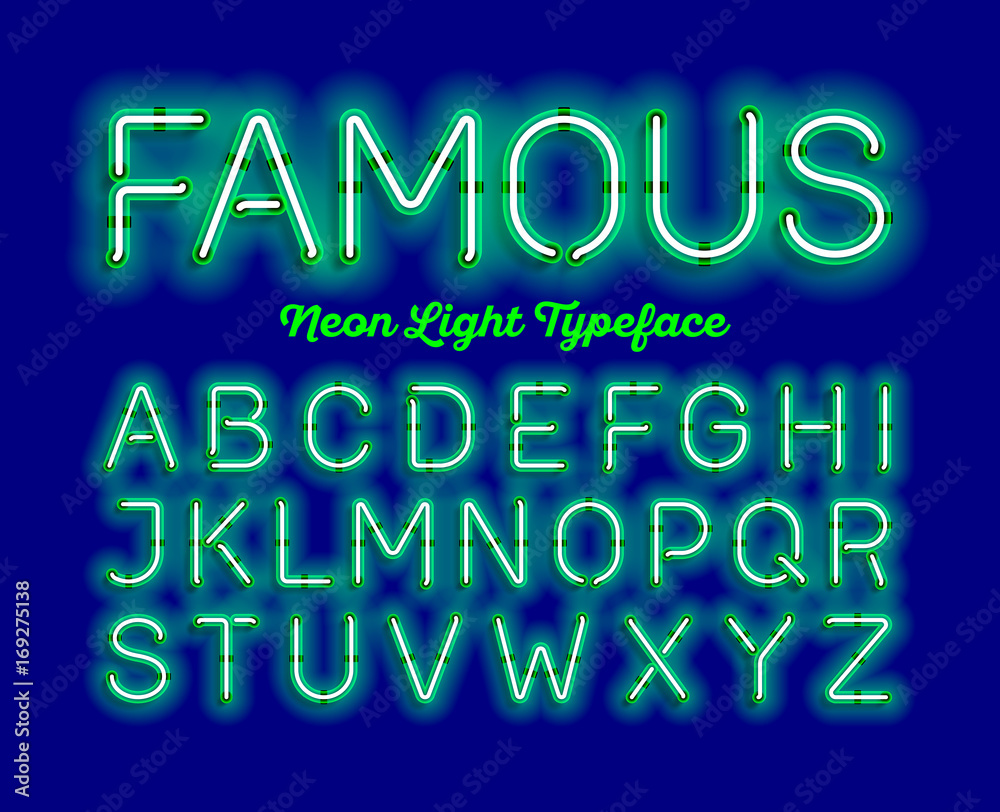 Famous, neon light typeface. Green modern neon tube glow font Stock Vector  | Adobe Stock