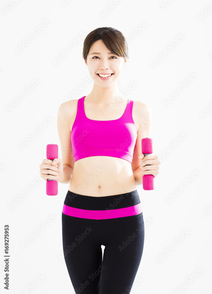 happy fitness woman working out with dumbbells happy fitness woman working out with dumbbells