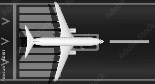 A modern jet passenger white plane on the runway. View from above. A well-designed image with a mass of small details. Airport marking.