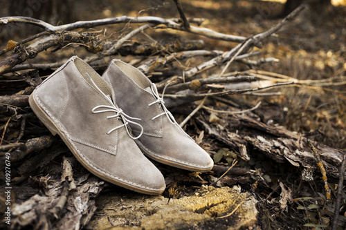 Men's desert boots on old wood in a forest or park.