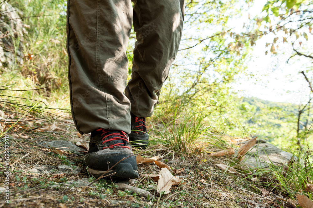 Hiking shoes with red laces and legs wearing long brown trousers of an hiker walking on a path in the wood Hiking shoes with red laces and legs wearing long brown trousers of an hiker walking on a path in the wood