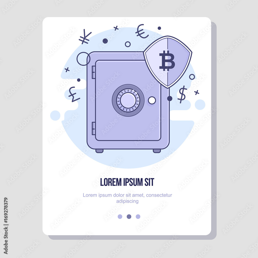 Safebox with bitcoins. Protection technology. Flat line illustration for web and app. Safebox with bitcoins. Protection technology. Flat line illustration for web and app.