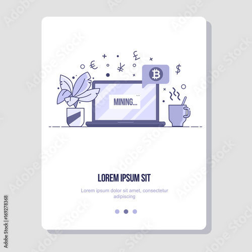 Workplace, freelancing and bitcoin mining. Flat line illustration for web and app.