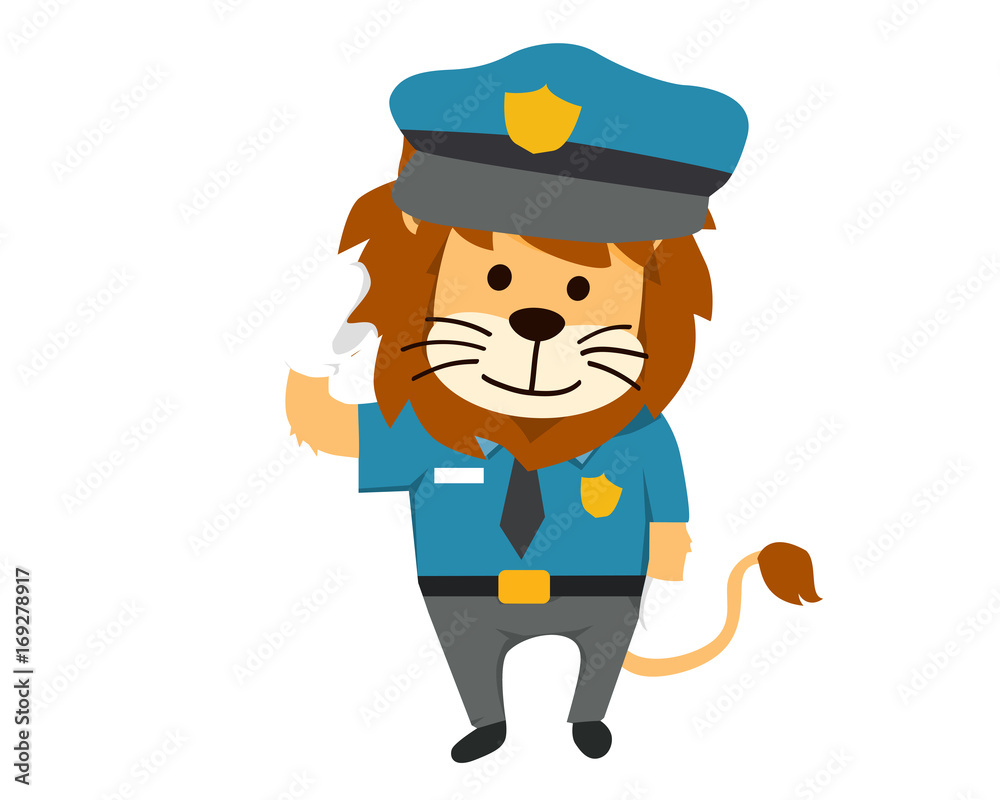 Fototapeta premium Cute Isolated Lion in Police Uniform Illustration, Suitable for Education, Card, T-Shirt, Social Media, Print, Book, Stickers, and Any Other Kids Related Activities