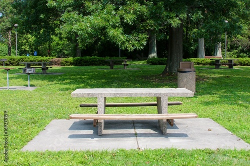 The concrete picnic table at the park.