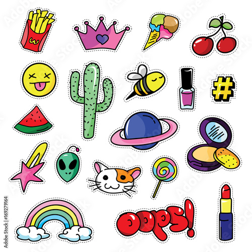 Modern Cute 80s-90s Retro Girl Power Isolated Fashion Cartoon Illustration Set Suitable for Badges, Pins, Sticker, Patches, Fabric, Denim, Embroidery and Other Girly Related Purpose