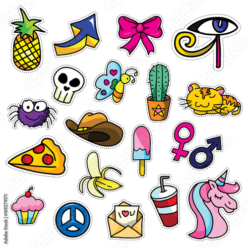 Modern Cute 80s-90s Retro Girl Power Isolated Fashion Cartoon Illustration Set Suitable for Badges, Pins, Sticker, Patches, Fabric, Denim, Embroidery and Other Girly Related Purpose