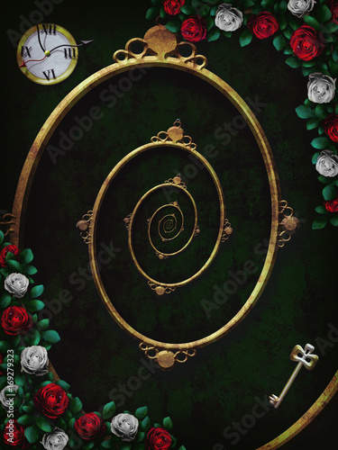 Alice in wonderland. Red  roses and white roses on  chess wonderland background. Clock and key and spiral frame. Rose flower frame. Illustration. The Droste Effect