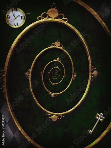 Alice in wonderland. Spiral frame on chess wonderland background. Clock and key. Illustration Droste Effect