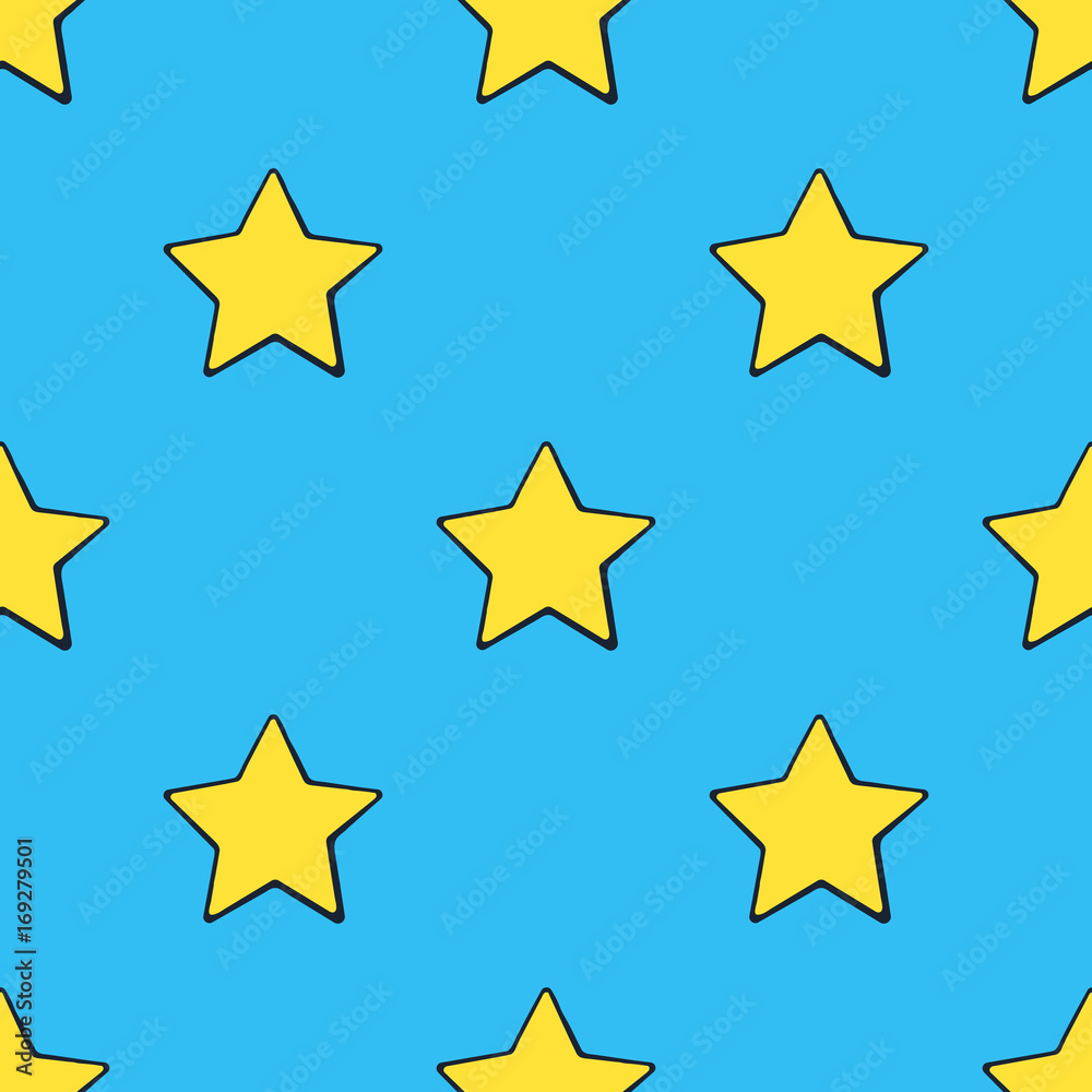 Fototapeta premium Vector illustration. Seamless pattern with cute yellow stars at pop art style on blue background. Weather symbol. Pattern with contour