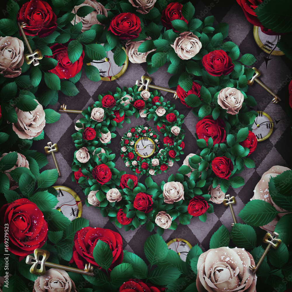 Alice in wonderland. Red roses white roses on chess background. Clock and key and spiral frame. Rose flower frame. Wonderland illustration. The Droste Effect Stock-illustration | Adobe Stock