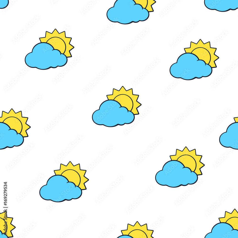 Vector illustration. Seamless pattern with suns disappeared behind a blue clouds on white background. Weather symbol. Pattern with contour Vector illustration. Seamless pattern with suns disappeared behind a blue clouds on white background. Weather symbol. Pattern with contour