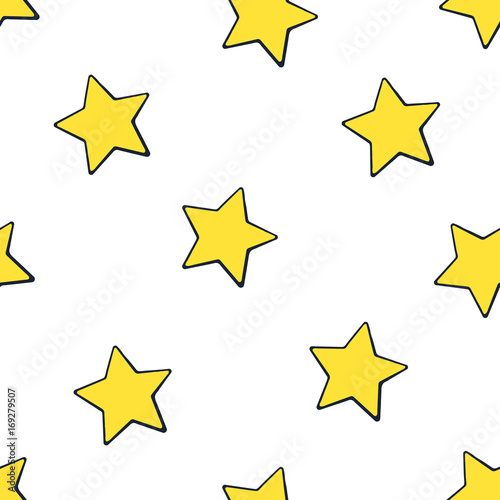Vector illustration. Seamless pattern with falling cute yellow stars white background. Weather symbol. Pattern with contour