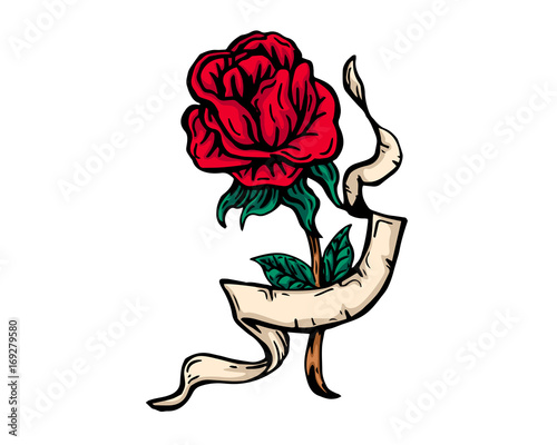 Vintage Tattoo Art Illustration - Red Rose And Ribbon