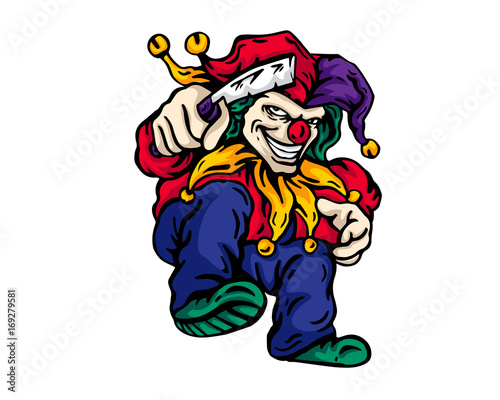 Vintage Tattoo Art Illustration - Scary Clown Character Holding A Knife
