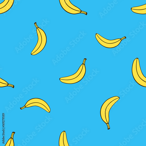 Vector illustration. Seamless pattern with falling yellow not peeled banana in pop art style on blue background. Healthy vegetarian food. Pattern with contour