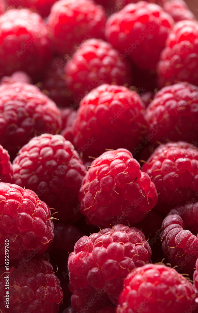Raspberries closeup group on dark background in studio, selective focus Raspberries closeup group on dark background in studio, selective focus