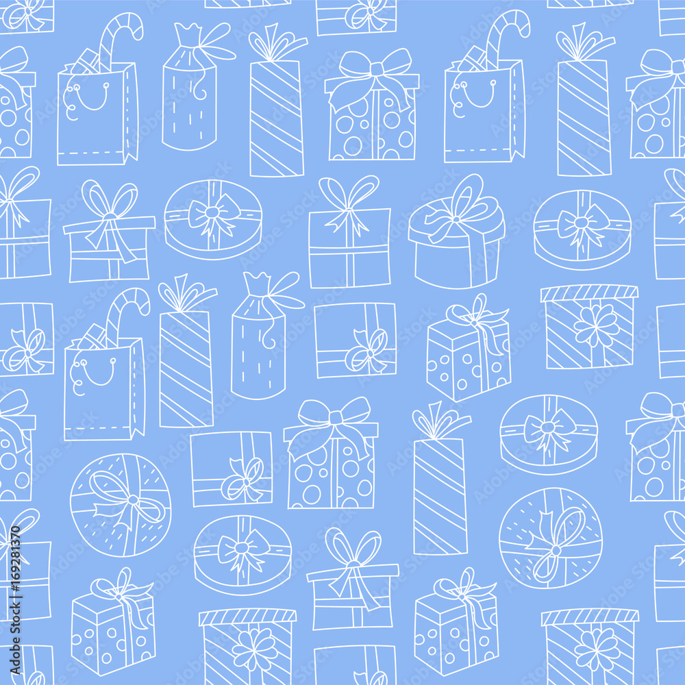 Seamless pattern with gift boxes with ribbons in various shapes. 