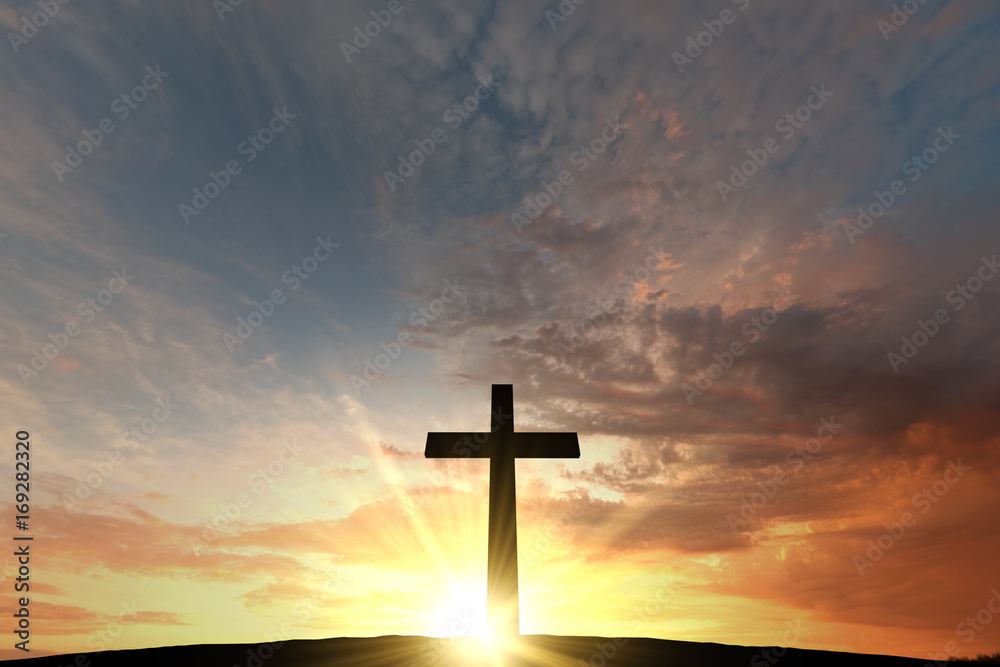 Religious cross silhouette against a bight sunrise sky. 3D Rendering Religious cross silhouette against a bight sunrise sky. 3D Rendering