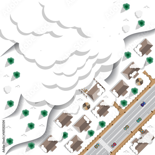 Avalanche in the city. View from above. Vector illustration.
