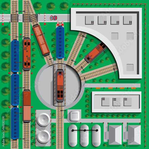 Locomotive depot. Infrastructure. View from above. Vector illustration.
