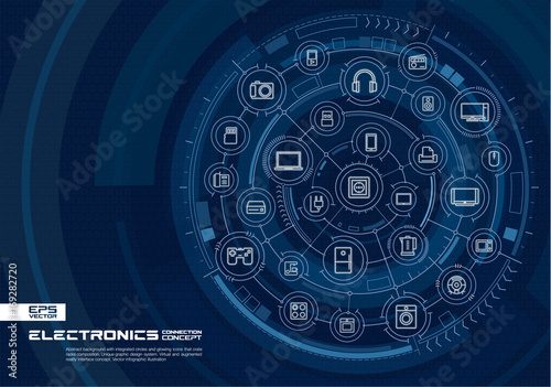 Abstract electronic technology background. Digital connect system with integrated circles, glowing thin line icons. Virtual reality, household interface concept. Vector future infographic illustration