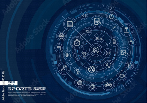 Abstract Sport and fitness background. Digital connect system with integrated circles, glowing thin line icons. Virtual, augmented reality interface concept. Vector future infographic illustration