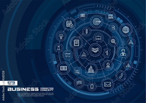 Abstract business strategy background. Digital connect system with integrated circles, glowing thin line icons. Virtual, augmented reality interface concept. Vector future infographic illustration