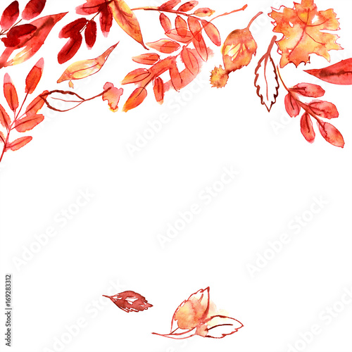 Watercolor hand painted background with red and yellow autumn leaves
