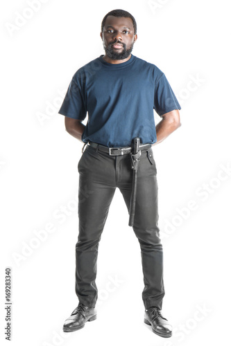 Male security guard on white background