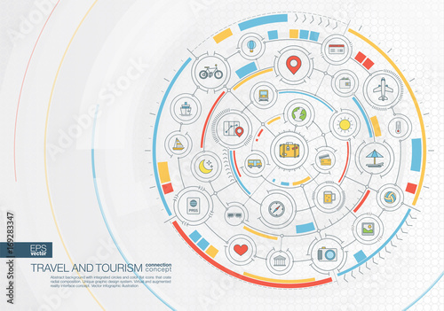 Abstract travel and tourism background. Digital connect system with integrated circles, color flat icons. Interface design. Hotel booking, holiday, vacation concept. Vector infographic illustration