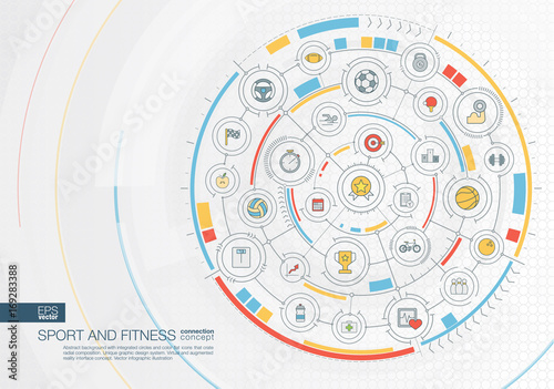 Abstract sport and fitness background. Digital connect system with integrated circles, color flat icons. Radial graphic design interface. Healthy lifestyle concept. Vector infographic illustration