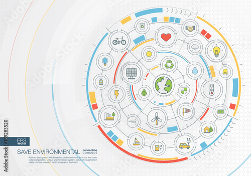 Abstract save environmental background. Digital connect system with integrated circles, color flat icons. Graphic design interface. Ecology, recycle, energyconcept. Vector infographic illustration